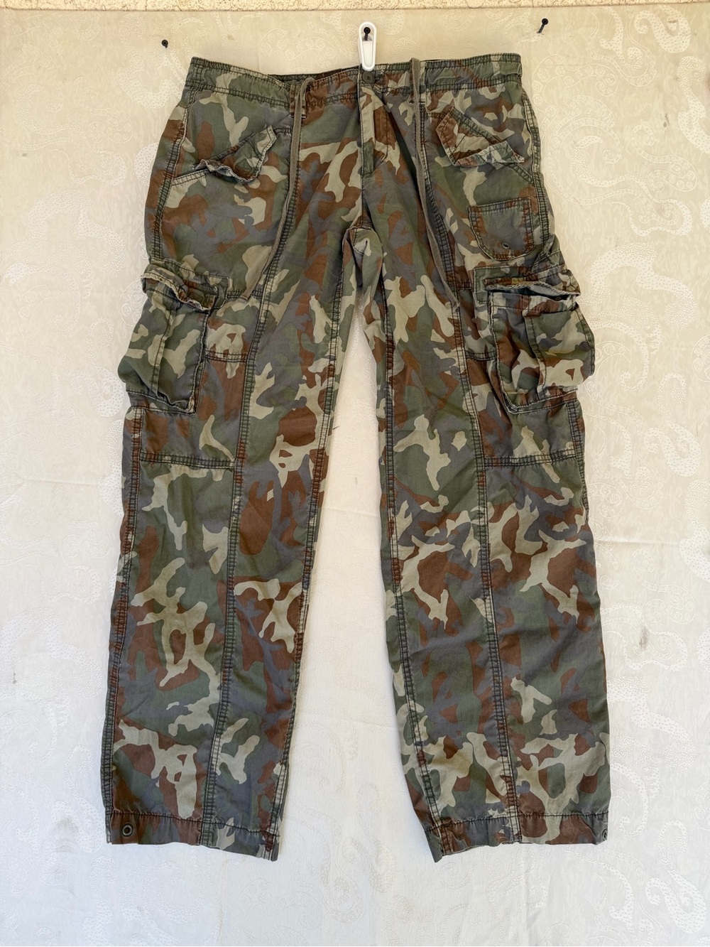 Norma Kamali Camouflage Straight Leg Cargo Jeans in Green/Brown